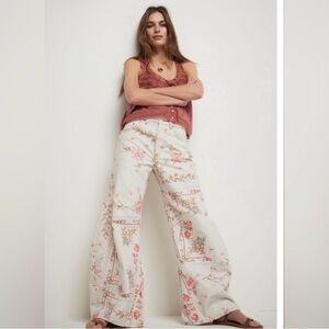 Free People White Floral Wide-Leg Jeans